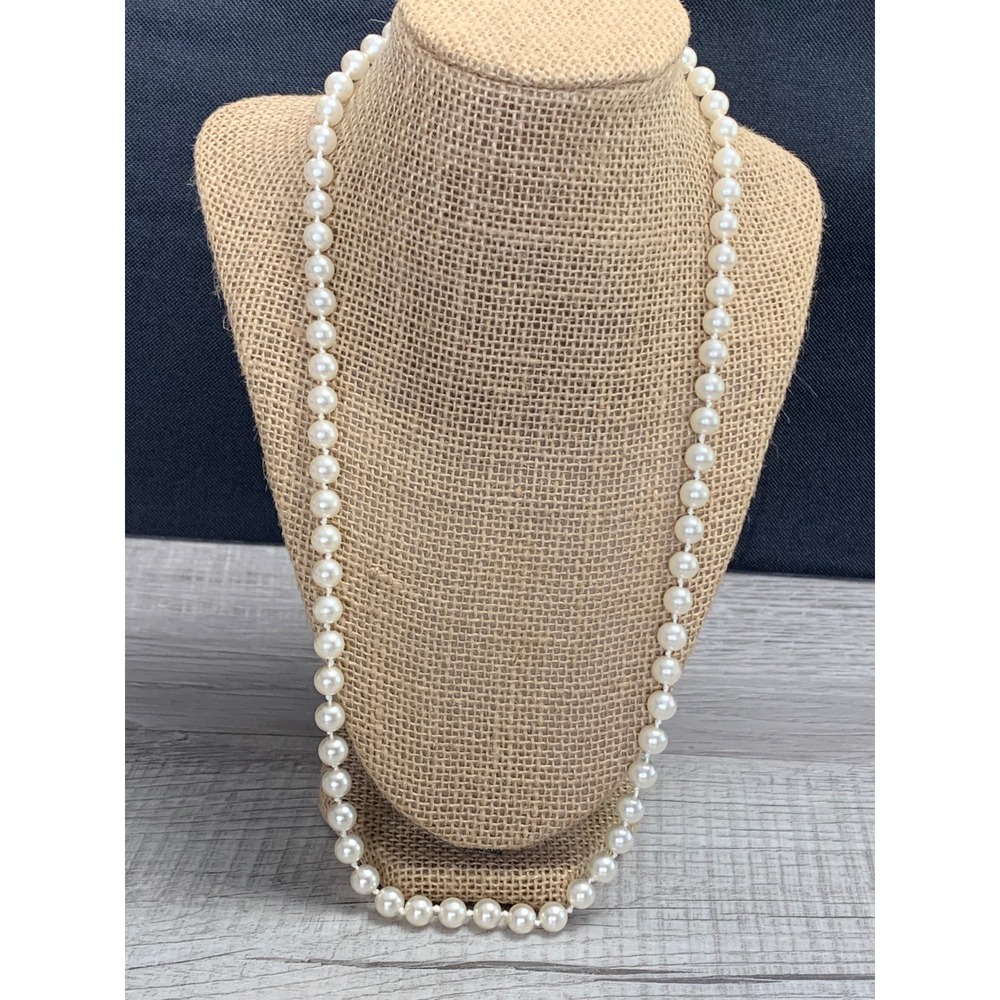 Vintage Style Faux Pearl Knotted Strand Necklace 24 Inch Gold Tone Clasp White
